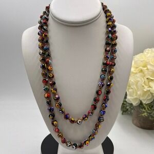 Venetian Glass‎ Murano Millefiori Bead 45" Opera Vintg Hand Knotted Cap Necklace